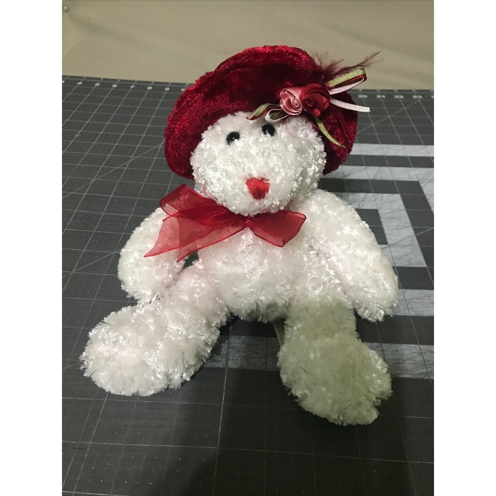 Dan Dee Collector's Choice Fuzzy Teddy Bear White Plush Red Hat Rose Bow‎